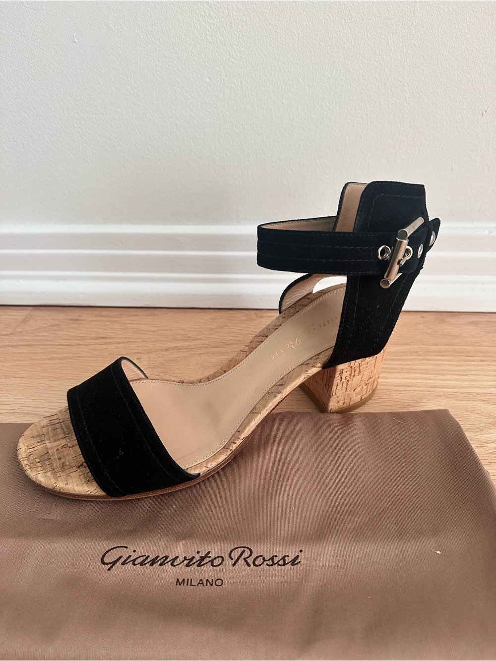 Gianvito Rossi Black Suede Cork Block Heel Sandals
